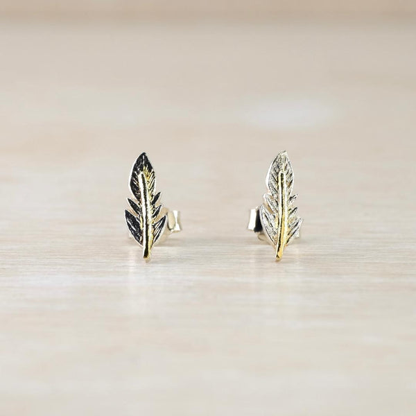 Leaf Design Sterling Silver Stud Earrings with Gold-Plated Detail.