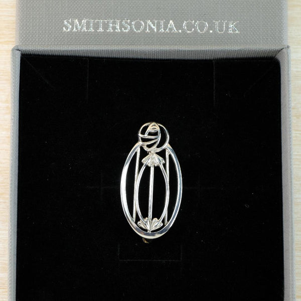 Oval Vintage Sterling Silver Mackintosh Rose and Leaves Brooch.
