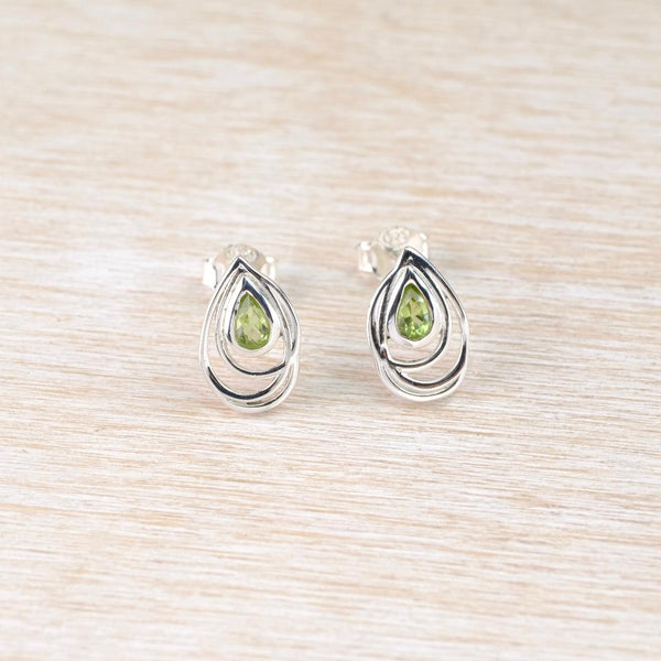 Faceted Teardrop Peridot and Silver Wire Stud Earrings.