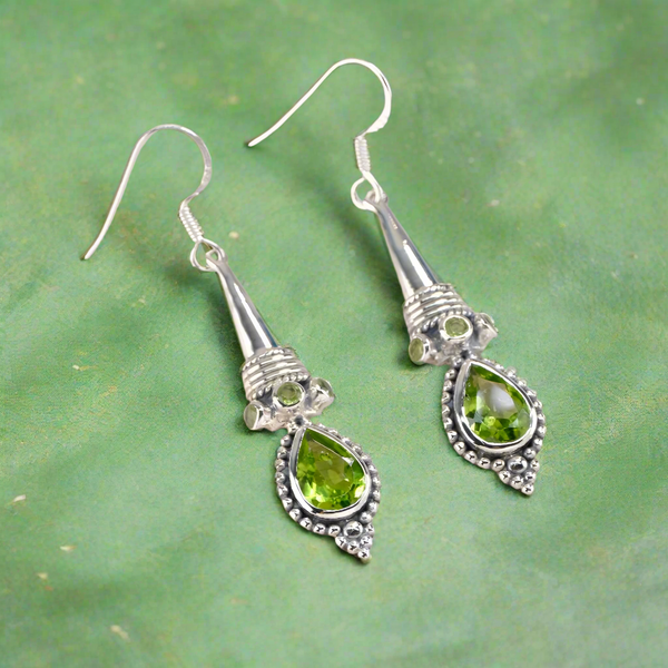 Antique Style Long Peridot Drop Earrings.