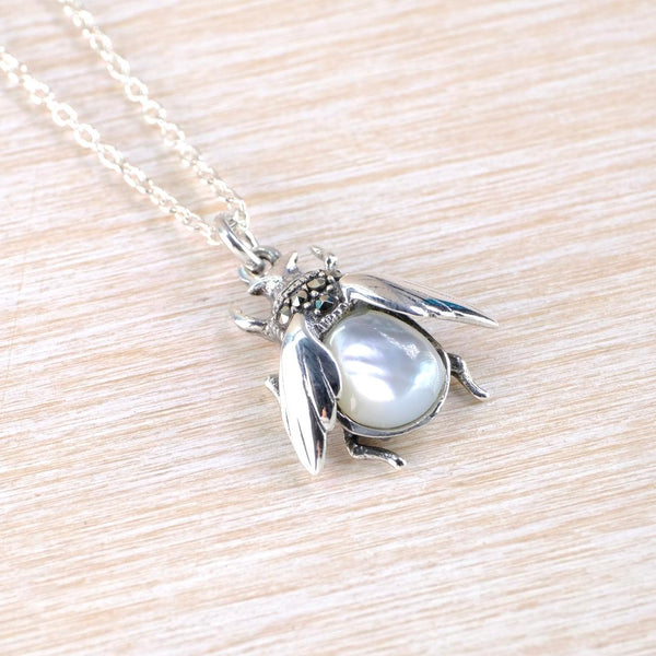 Silver, Marcasite and Mother of Pearl Bee Pendant Necklace