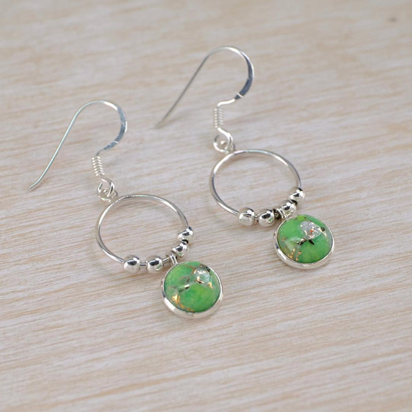 Silver Ring and Balls Drop Earrings with Green Mojave Turquoise.