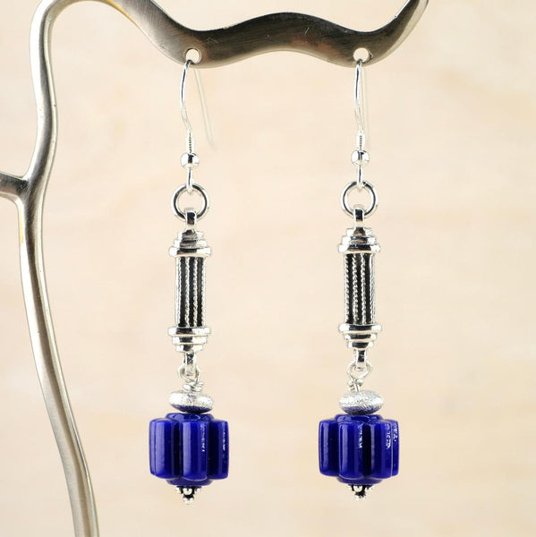 Silver Long Drop Earrings with Art Deco Bead by Emily Merrix.