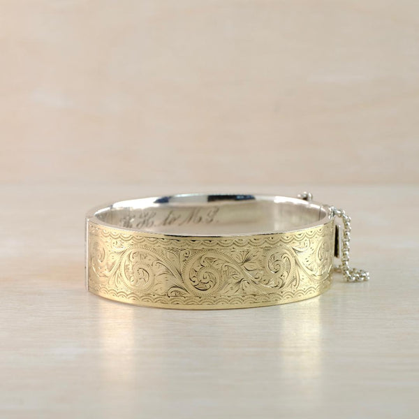 Vintage Gold on Silver Engraved Bangle Bracelet Hallmarked Birmingham 1951.
