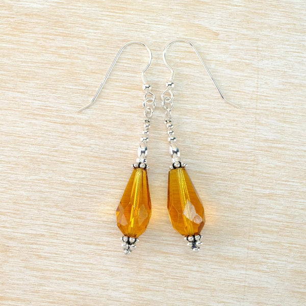 Long Vintage Amber Glass Bead and Silver Drop Earrings.