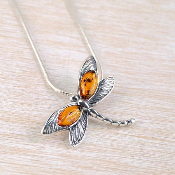 Silver and Amber Dragonfly Design Pendant Necklace.