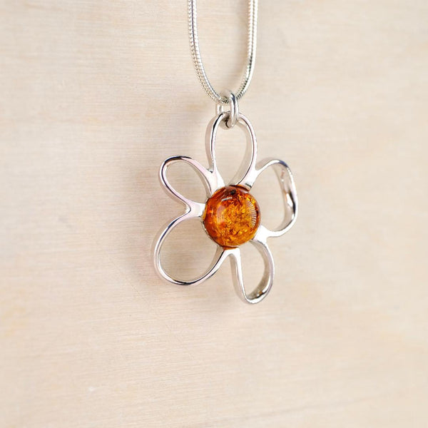 Sterling Silver and Amber Flower Pendant.