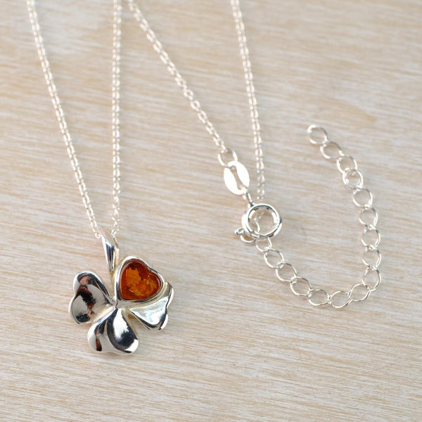Baltic Amber and Sterling Silver Four Leaf Clover Pendant.
