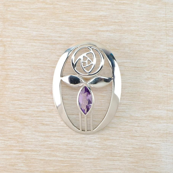 Vintage Sterling Silver Mackintosh Rose Style Brooch Set with Amethyst.