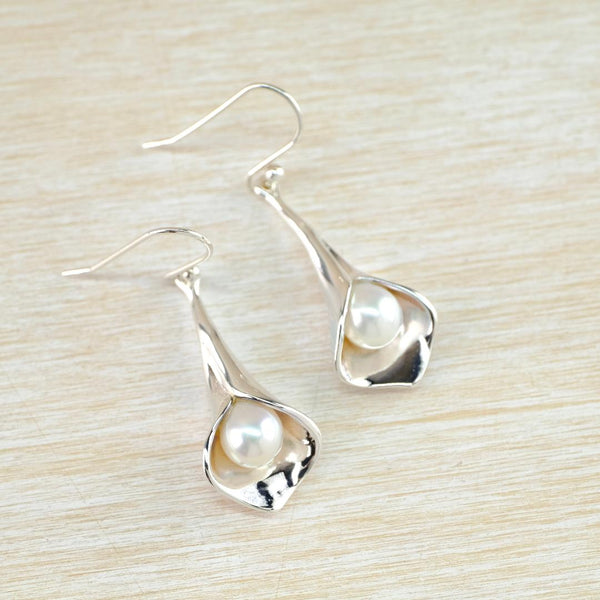 Silver and White Freshwater Pearl Lily Drop Earrings