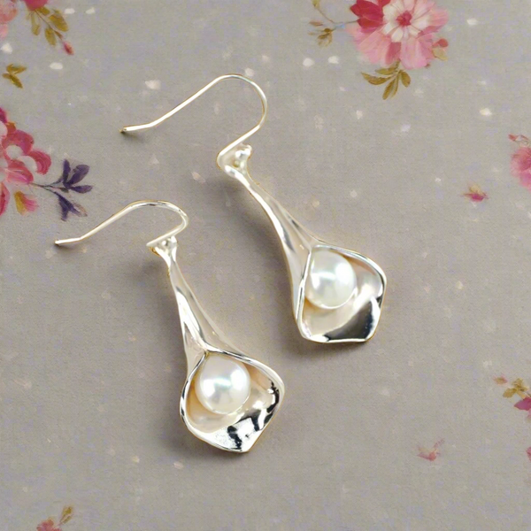 Silver and White Freshwater Pearl Lily Drop Earrings