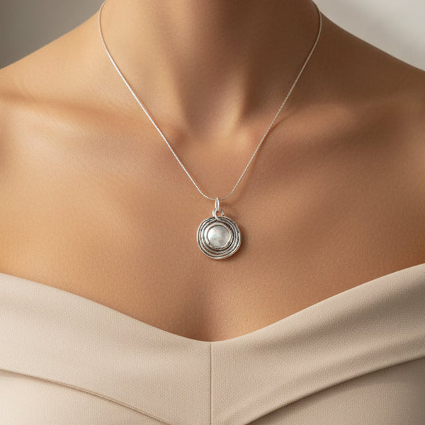Sterling Silver Circles and Pearl Coin Pendant Necklace by JB Designs.