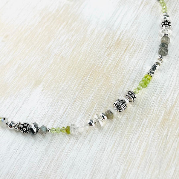 Peridot, Rainbow Moonstone and Silver Bead Necklace by Emily Merrix.