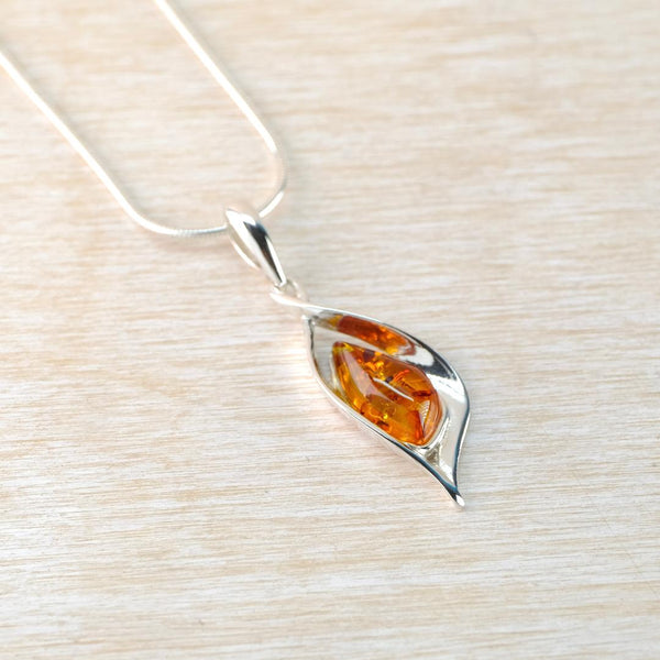 Organic Sterling Silver and Amber Pendant Necklace.