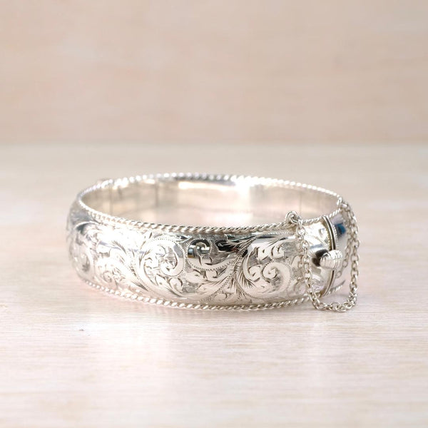 Vintage Engraved Sterling Silver Bangle Bracelet, Hallmarked Birmingham, 1960.