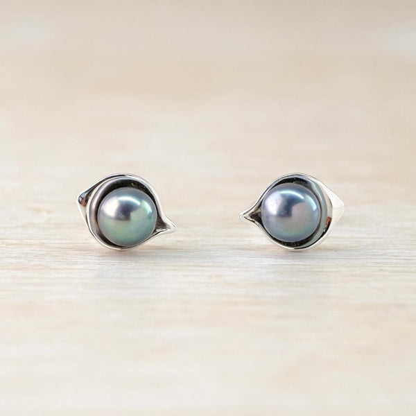 Silver and Peacock Pearl Stud Earrings.