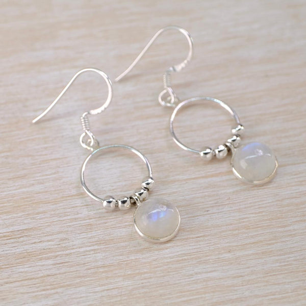 Silver Ring and Balls Drop Earrings With Rainbow Moonstone.
