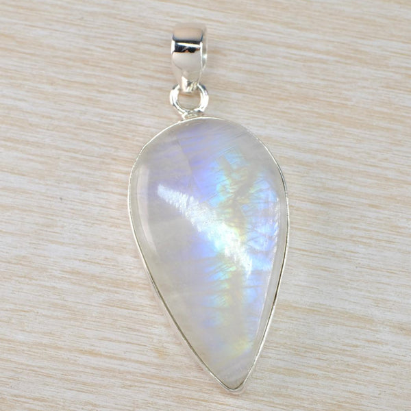 Large Silver and Inverted Teardrop Rainbow Moonstone Pendant.