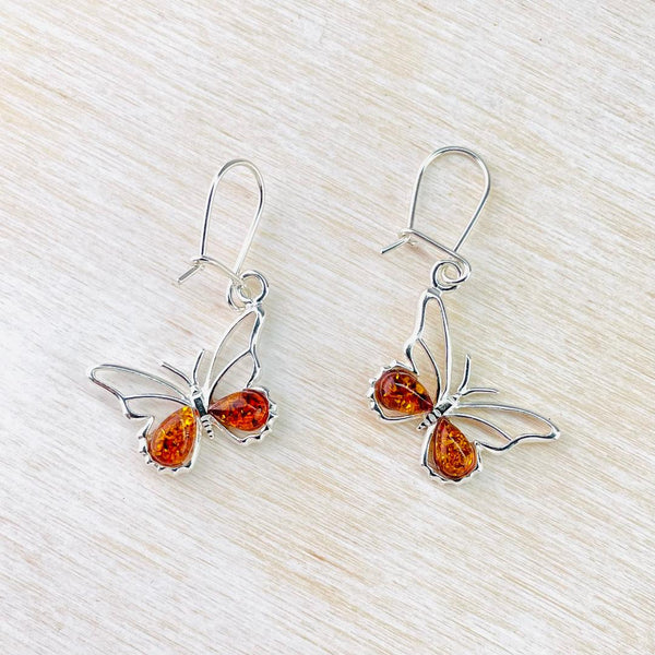 Sterling Silver Butterfly Earrings Set With Amber.