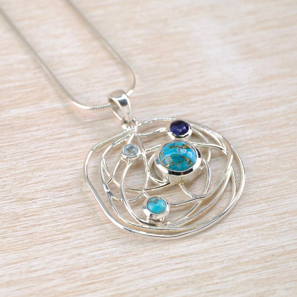 Multi Stone Silver Scribbles Pendant in Blues