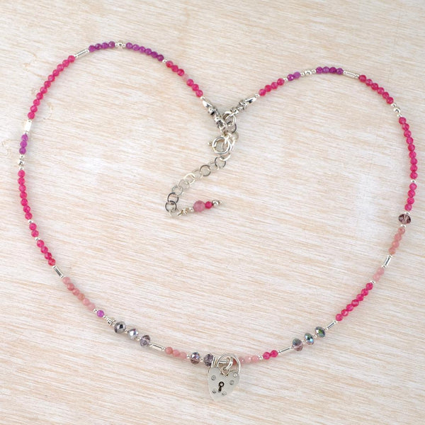 Fine Sterling Silver and Ruby Quartz Necklace With Vintage Heart Padlock.