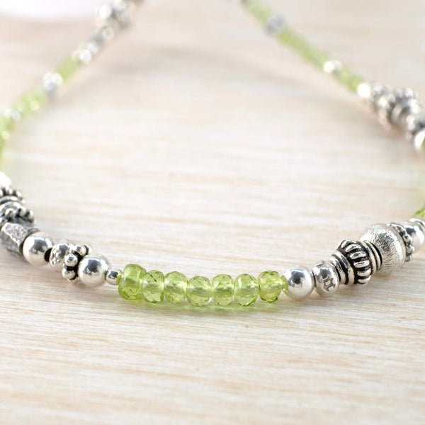 Gemstone and Silver Necklace With Peridot and Crystal.