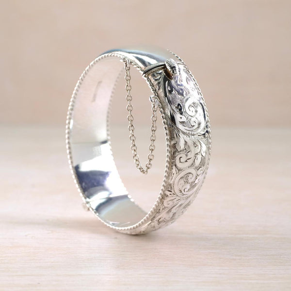 Vintage Engraved Sterling Silver Bangle Bracelet, Hallmarked Birmingham, 1960.