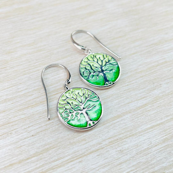 Sterling Silver and Enamel Green 'Tree of Life' Earrings by Nicole Barr.