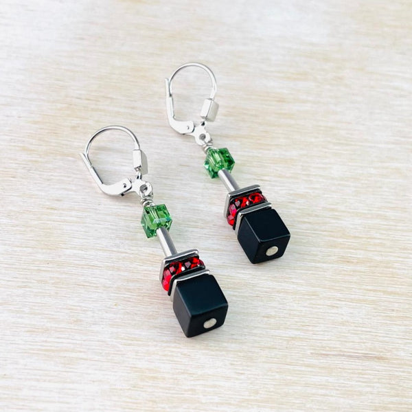 Coeur de Lion Geo Cube Earrings In Red, Green And Black.
