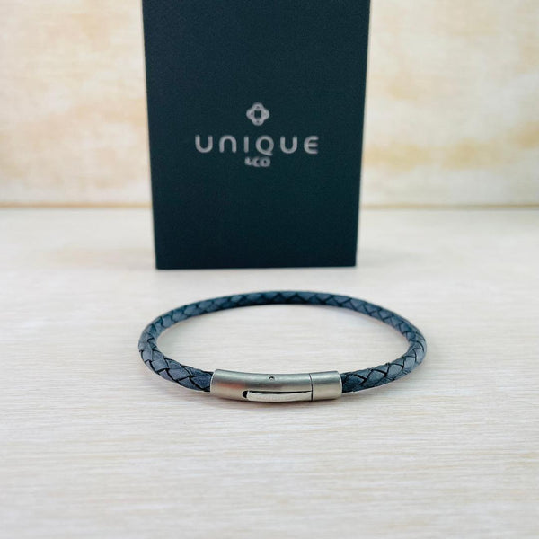 Gents Antique Grey Leather and Stainless Steel Bracelet by Unique & Co.