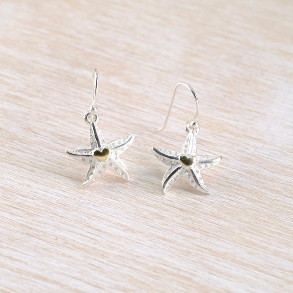 Starfish Drop Earrings in Sterling Silver With Heart Detail.