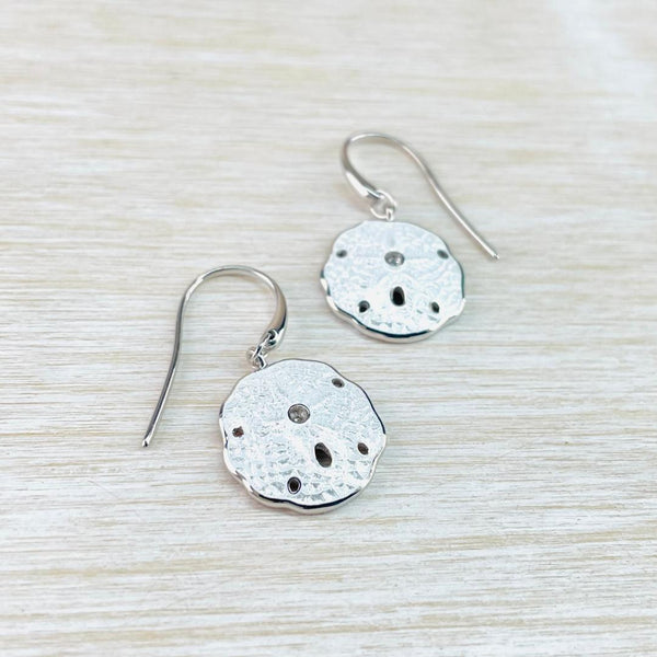 Sterling Silver, Enamel and White Sapphire 'Sand Dollar' Drop Earrings.