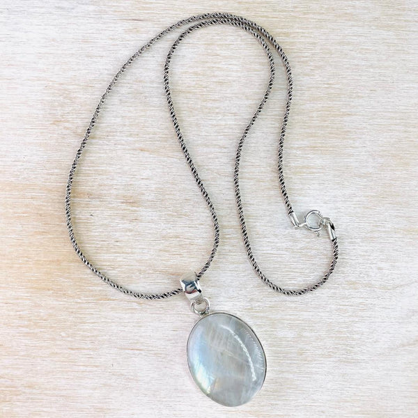 Larger Sterling Silver and Oval Rainbow Moonstone Pendant.