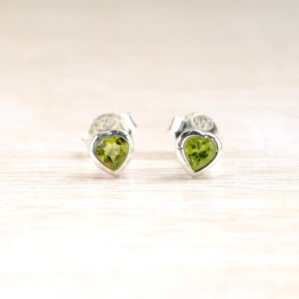 Petite Peridot Heart Stud Earrings in Sterling Silver.