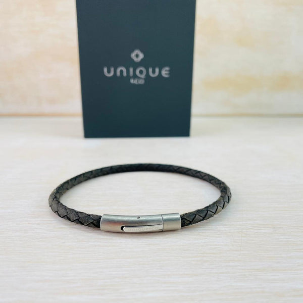 Gents Antique Dark Brown Leather and Stainless Steel Bracelet by Unique & Co.