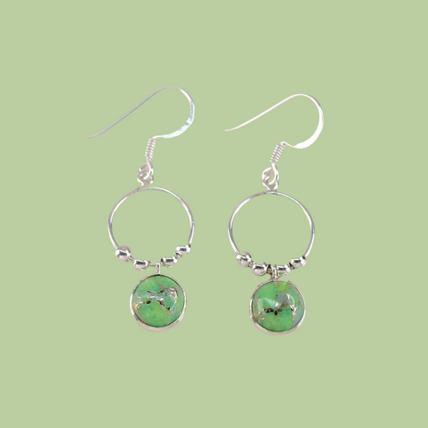 Silver Ring and Balls Drop Earrings with Green Mojave Turquoise.
