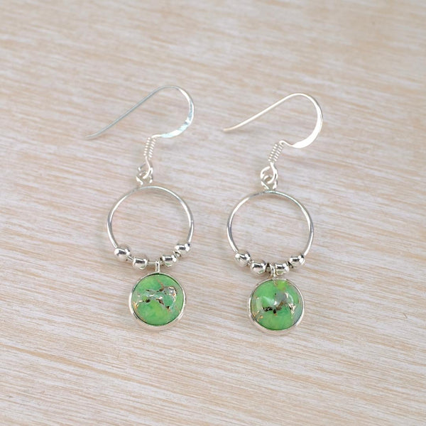 Silver Ring and Balls Drop Earrings with Green Mojave Turquoise.