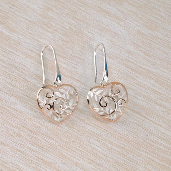 Sterling Silver Heart Drop Earrings With Rose Gold Plating by Unique and Co