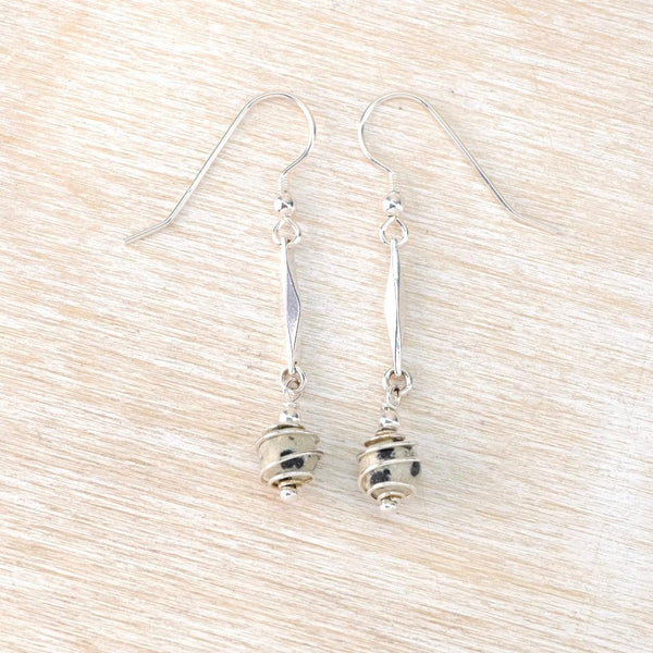 Art Deco Style Spiral Earrings with Dalmatian Jasper.