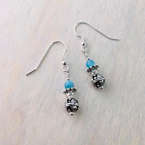 Chalcedony and Decorative Silver Bead Drop Earrings.