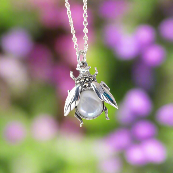 Silver, Marcasite and Mother of Pearl Bee Pendant Necklace