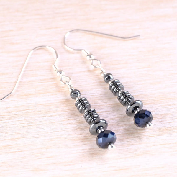 Hematite, Bohemian Glass and Sterling Silver Drop Earrings
