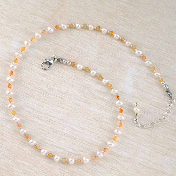 Freshwater Pearl, Carnelian and Sterling Silver Necklace by Emily Merrix.