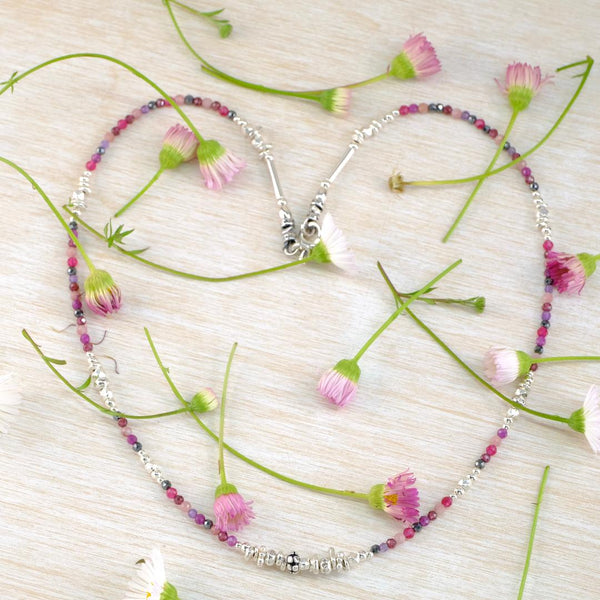 Fine Multi Stone Beaded Necklace by Emily Merrix, in Red and Pink Tones.
