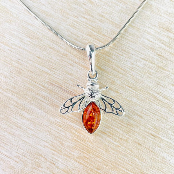 Sterling Silver and Amber Bee Design Pendant (Small)