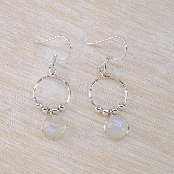 Silver Ring and Balls Drop Earrings With Rainbow Moonstone.