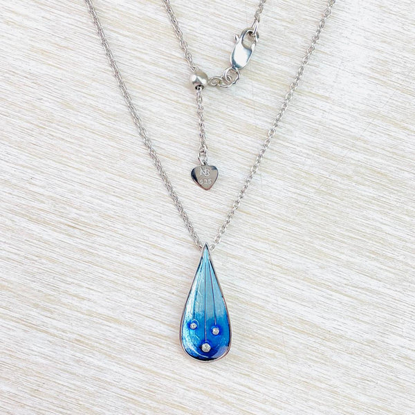 Sterling Silver, Enamel and White Sapphire Pendant by Nicole Barr, Blue Sky With Stars