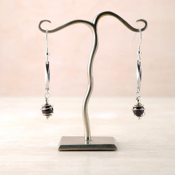 Art Deco Style Spiral Earrings with Deep Garnet.