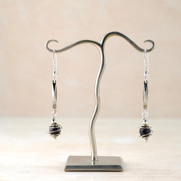 Art Deco Style Spiral Earrings with Blue Goldstone.