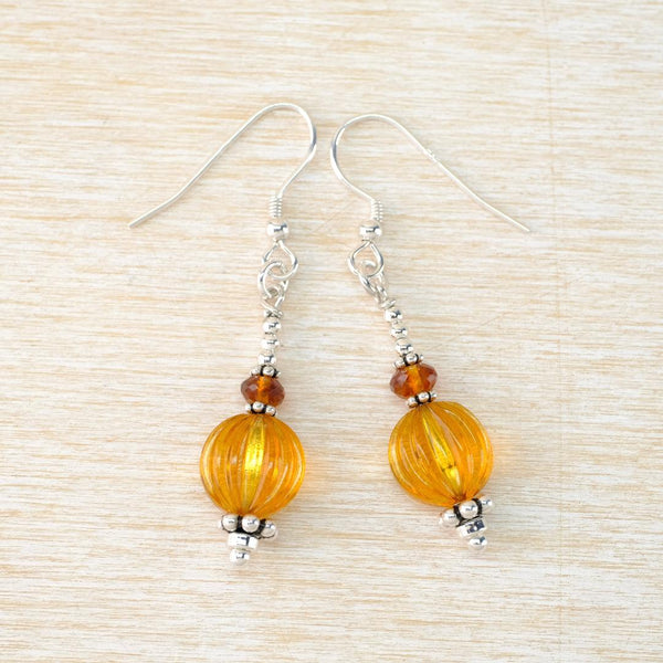 Vintage Glass Bead, Hessonite Garnet and Silver Drop Earrings.